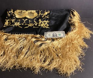 Vintage Black Silk Piano Shawl With Golden Fringe And Golden Embroidery