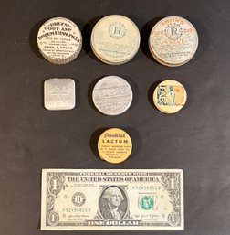 7 Antique Small Round Advertising Tins & Measuring Tapes