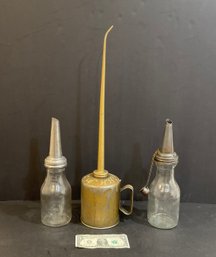 3 Antique Motor Oil Bottles & Eagle Oil Can