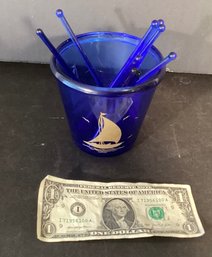 Vintage Hazel Atlas: Sportsman Series Cobalt Blue Cocktail Stirrers And Ice Bucket