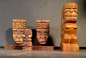 MCM Hawaiian Hand Carved Wooden Gods &  Bookends Signed