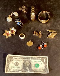 Vintage Jewelry Group Of Earrings, Watches & Carved Shell Ring