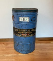 Large Antique Metal  C.D. BOSS Biscuits Country Store Display Barrel