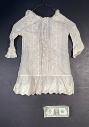 Antique Hand Made Childs Long Sleeve Fine Cotton Dress With Eyelet And Embroidery