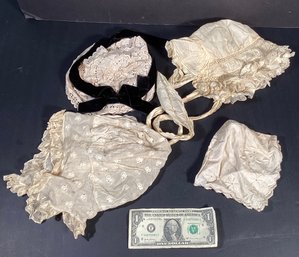 4 Antique Hand Made Cotton Bonnets: 3 Adult Bonnets & 2 Baby Bonnets