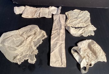 Antique Hand Made Baby Bonnets, Newborn Top, Adults Net Bonnet And Linen Belt