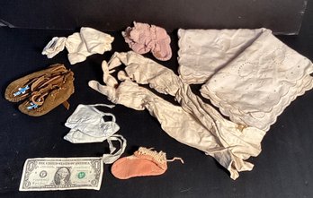 Antique Baby Booties, Long Leather Gloves, And 2 Cotton Dresser Scarves