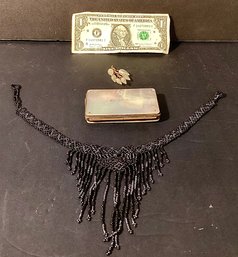 Antique Mother Of Pearl Coin Purse With Crystal Glass Brooch And Woven Black Beaded Necklace