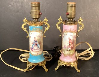 Pair Signed Antique French Hand Painted  Sevres Porcelain Boudoir Table Lamps