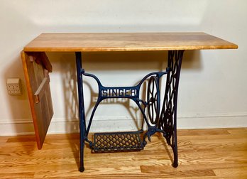 Hand Made Cherry Work Table With Drop Side Leaf And Singer Cast Iron Base