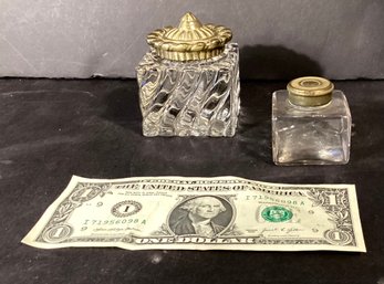 2 Antique Glass Ink Wells With. Brass  Caps