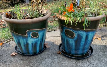 Pair Blue Ceramic Outdoor Planters