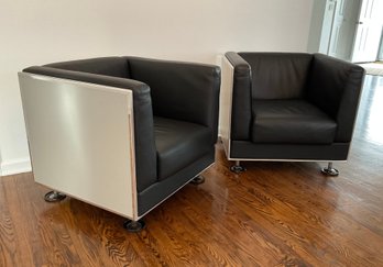 Pair Original Oshinomi Kunihide Leather & Aluminum Armchairs For Matteo Grassi Vinterior