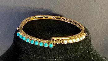 Vintage 14 Kt Crossover Victorian Design Bangle Bracelet With 6 Pearls And 9 Turquoise Rounded Beads