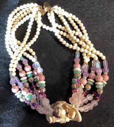 Estate Semi Precious Bead,Cloisonn, And Glass Torsade Necklace With Netsuke