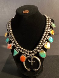 Estate Harry Morgan Navajo Sterling Squash Blossom Turquoise And Spiny Oyster Necklace