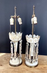 Two Antique  Victorian Mantle Lusters, MIlk Glass With Cut Crystal Prisms