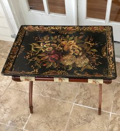 Vintage Hand Painted Papier Mache Serving Tray With Repurposed Luggage Rack