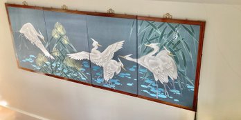 Signed AsianTryptech  4 Panel Cranes On Fabric With Wood Frame And Brass