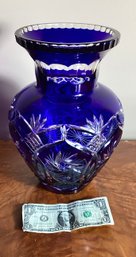 Large Royal Blue Cut To Clear Bohemian Crystal Vase