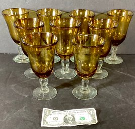 9 Handblown Amber Glass Goblets With A Clear Glass Base