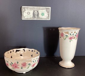 2 Lenox Porcelain: Barrington Design  Pierced Design  Bowl And Vase