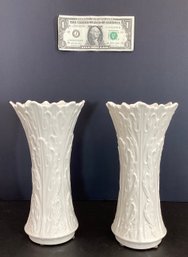 2 Lenox Lenox Porcelain Vases: Langtree Collection With Gold Trim/fluted Top