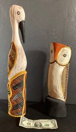 Two Hand Carved Wooden And Hand Painted Birds