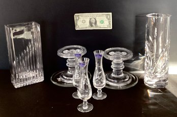 Group Of 9 Vases, Taper Holders, Bud Vases From  Various Glass Companies