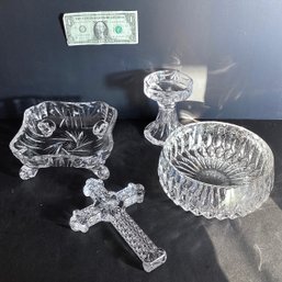 Lot Of 4 Crystal: 2 Bowls, 1 Cross, 1 Taper Holder