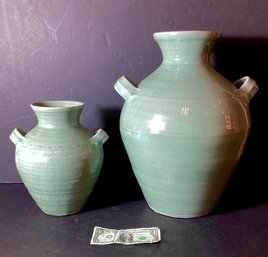 2 Hand Thrown Celadon Glazed  Ceramic Companion Jars