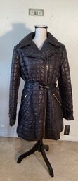 #2 New With Tags Size XL Via Spiga Car Length Coat In Black Quilted Material With Gold Toned Accents