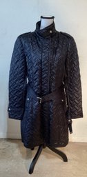 New With Tags Cole Haan Black Belted Quilted Car Coat With Zipper & Snap Closures & Leather Trim