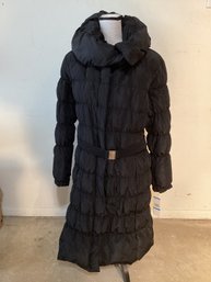 New With Tags Size XL Jones New York Down Filled Black Coat With Hood, Zipper & Snap Closure