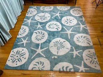 Sand Dollar And Starfish Themed Aqua Blue And White Area Rug ( A )