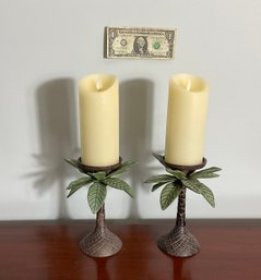 2 Palm Tree Styled Candle Holders With Faux Candles By Luminara