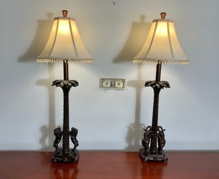 2 Matching Lamps With Fabric & Beaded Lampshades In Tropical Style Decor With Lions And Elephants