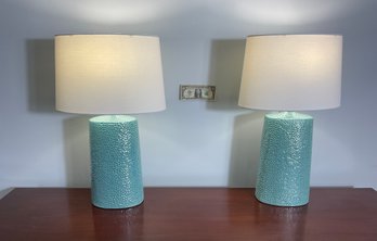 Two New Oval Shaped Sea-foam Textured Glazed Ceramic Lamps With White Fabric Shade  By J. Hunt And Company