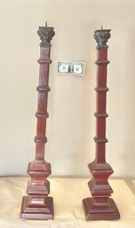 Large  Pair Solid Mahogany & Bronze Chinese Chippendale Candlesticks