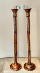 Pair 40 Solid Walnut Carved Candlesticks