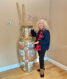 Large Chinese Famile Rose Temple Urn One Of Two