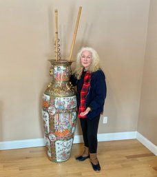 Large Chinese Famile Rose Porcelain Temple Urn One Of Pair