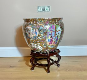 Chinese Hand Painted Rose Medalion Porcelain Koi Fish Bowl / Planyer