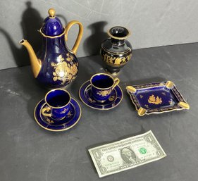 6 Pieces Of Vintage Cobalt Blue Porcelain  With 24 Karat Gold Embellishments