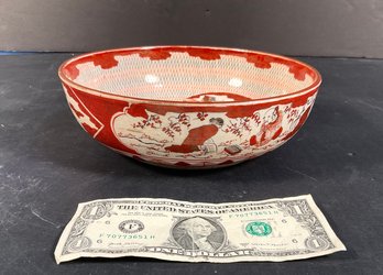 Antique Kutani Pottery Bowl With Cranes People & Intricate Designs