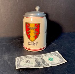 WWII Military Beer Stein With Pewter Lid Signed