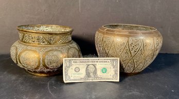 2 Antique Persian Heavy Brass Decorated Planters