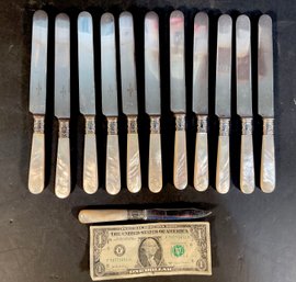 11 Mother Of Pearl Dinner Knives Fancy Sterling Bands