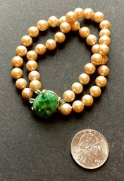 Faux Pearl Hand Knotted Double Bracelet With Peking Glass Gold Filled Clasp