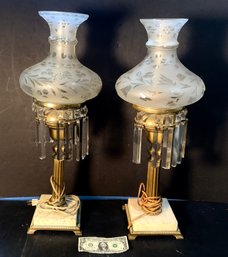 Pair Of 1840s Electrified Astral Oil Lamps With Prisims